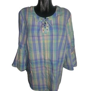 Isaac Mizrahi Live Plaid Bell Sleeve Lace-Up Blouse 24W